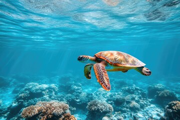Fototapeta premium Marine Conservation in Action: Sea Turtle and Coral Reef