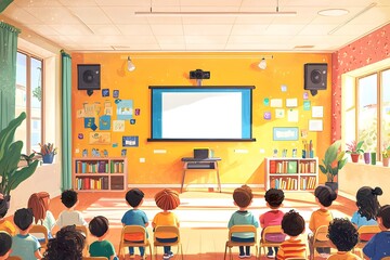 Classroom with diverse children engaged in learning activities.