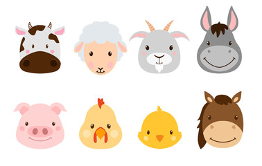 Fototapeta premium Set of cute farm animals. Home Animals. Cute faces. Hand drawn characters. Flat style animals. 