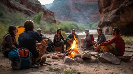 A group of experienced hikers discussing trails and routes over dinner