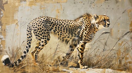   Cheetah on Dry Field against Grungy Wall