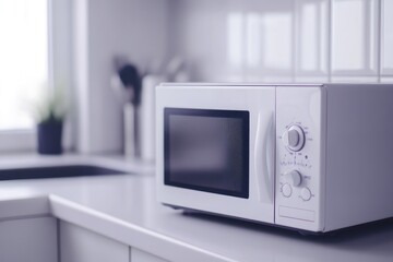 Obraz premium Elegant White Microwave in Healthy Lifestyle Kitchen Setting