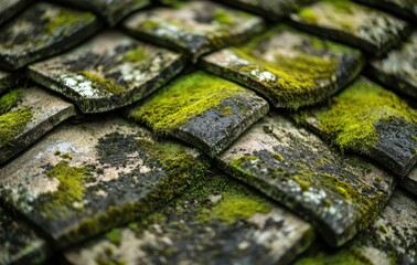 old moss-covered roof tiles, arranged in an intricate pattern