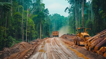 Two yellow logging trucks drive down a muddy road through a cleared area in a lush rainforest, symbolizing deforestation, environmental impact, resource extraction, transportation, and infrastructure 