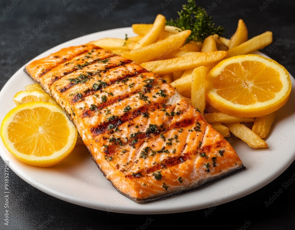 Wall mural a plate of fried salmon with french fries