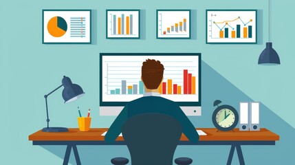 A businessman working at his desk, analyzing data and charts on his computer, symbolizing  business analysis, data analysis, work, focus, and productivity.