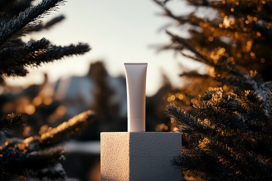 A minimalistic skincare product displayed amidst evergreen trees in a serene outdoor setting during golden hour.