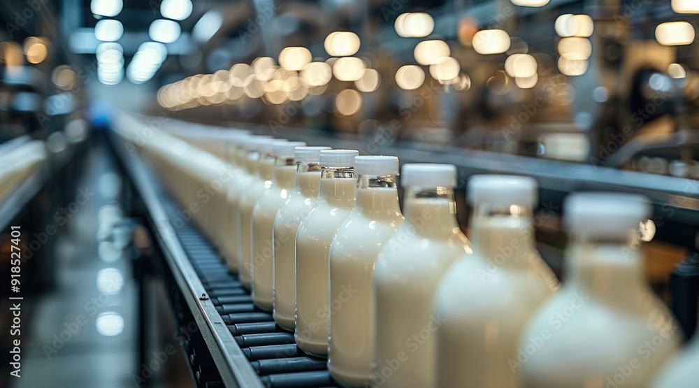 Aufkleber inside the milk factory, the conveyor belt is filled with rows and rows of pudding bottles of milk, 