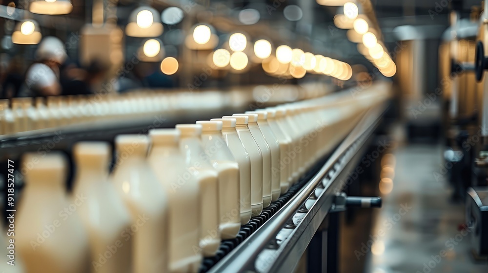Aufkleber inside the milk factory, the conveyor belt is filled with rows and rows of pudding bottles of milk, 