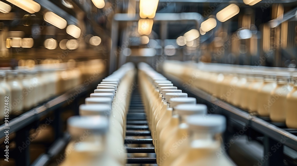 Aufkleber inside the milk factory, the conveyor belt is filled with rows and rows of pudding bottles of milk, 