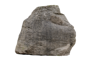 Jelling stone, replica of Harald Bluetooth's rune stone from Jelling, massive carved stone with viking inscriptions, high-resolution PNG file, isolated on transparent background