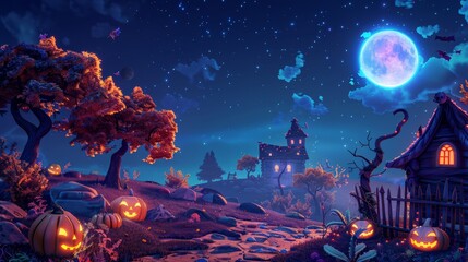 Fototapeta premium A charming Halloween scene featuring a quaint cottage bathed in moonlight, spooky trees, and carved pumpkins, creating an atmosphere of whimsical enchantment.