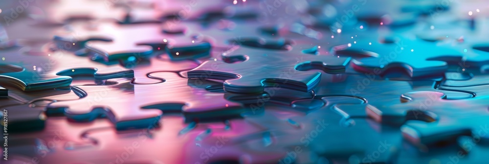 Poster a close-up image of a puzzle with a blue and purple color scheme. the puzzle pieces are arranged in 