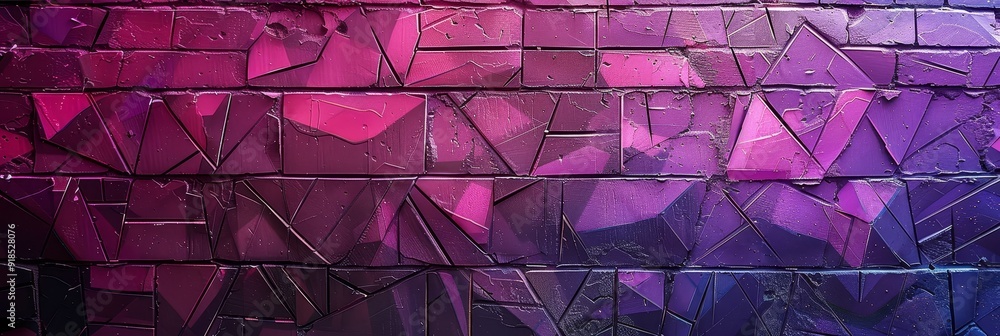 Poster a close-up of a brick wall with a gradient of pink and purple, creating an abstract geometric design