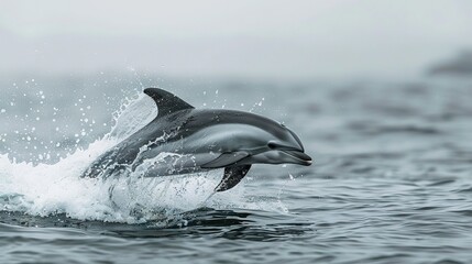 Fototapeta premium A dolphin leaping from the water, mouth agape, head emerging