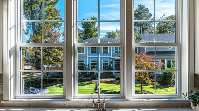 Fototapeta View looking out a kitchen window through a brand-new set of white, double-hung vinyl windows onto a well yard in an upscale neighborhood. Generative AI.