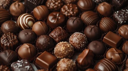 A close-up of an assortment of gourmet chocolates, showcasing a variety of textures, shapes, and flavors. The rich dark brown hues evoke indulgence and sweetness. The image symbolizes luxury, pleasure