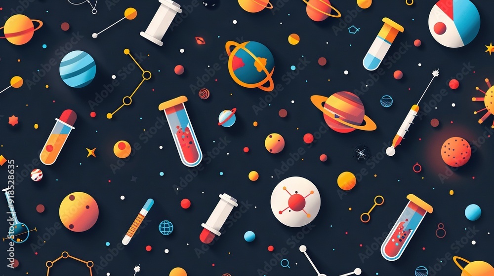 Poster a variety of objects arranged on a dark background, with numerous items occupying the center of the 