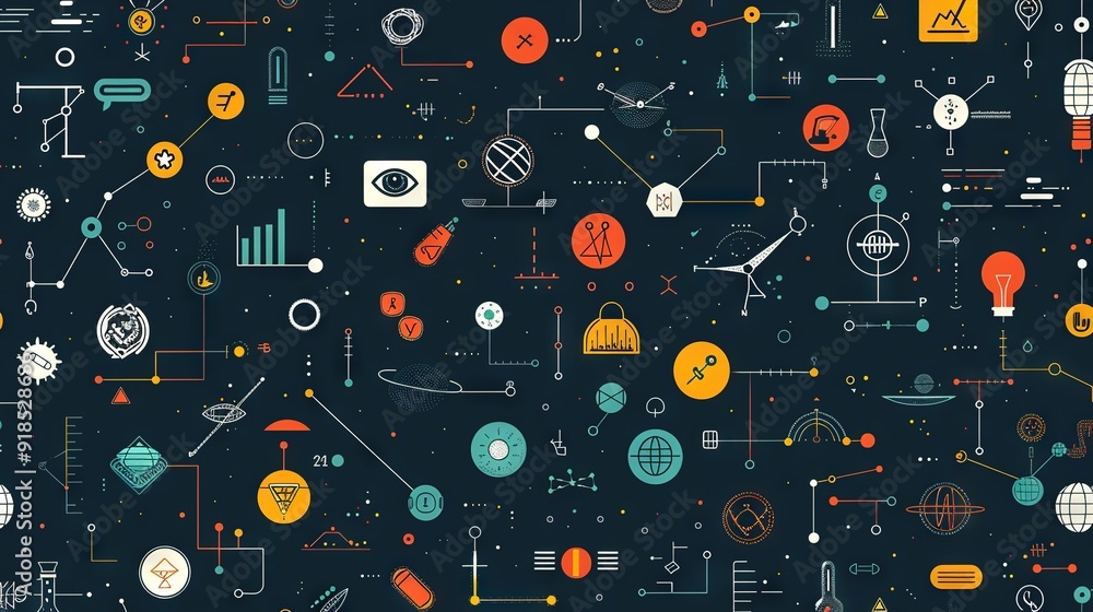 Poster a dark blue background with various interconnected shapes of different sizes