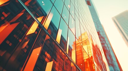 A vibrant reflection of modern architecture showcasing sleek, glass facades illuminated by warm sunset tones.