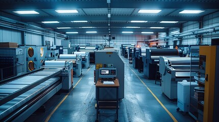 Fototapeta premium A modern small printing company taken from an elevated position. an offset printing machine, a digital printing machine, a large format printing machine, and a finishing machine. Generative AI.