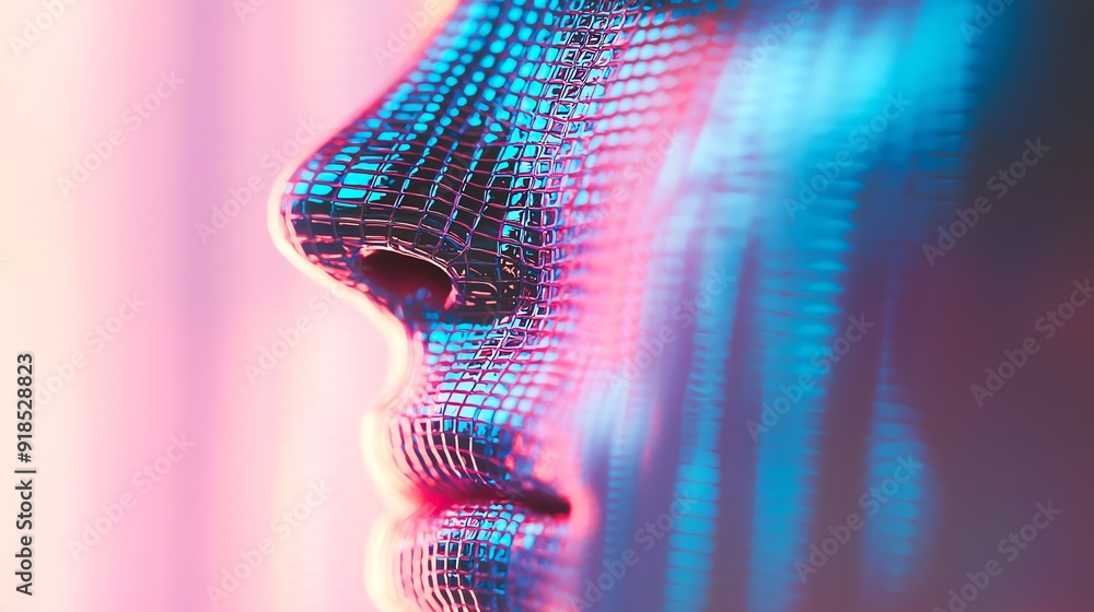 Aufkleber abstract portrait showcasing a digital face illuminated with vibrant neon colors and intricate mesh 