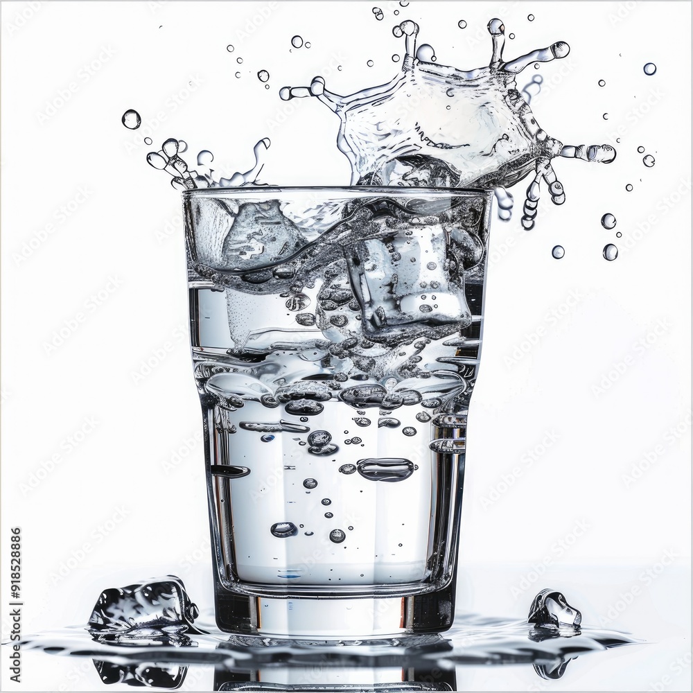 Poster water pours from a jug into a glass of water beautiful frozen splashes in a glass on a transparent b