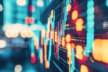 Abstract view of a digital stock market chart with vibrant colors and dynamic lines, reflecting financial trends and data analysis.