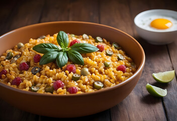 Saffron risotto with raspberries, olives and basil leaves served in a ceramic bowl