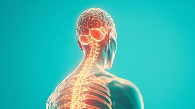 Anatomical illustration of the human brain and spine depicting neural connections and structures in vibrant colors.