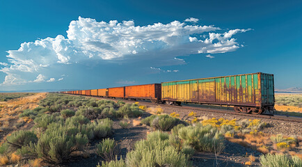 Fototapeta premium A train traveling through a desert under a blue sky with a green and orange container on the side of the train car and a few bushes in the foreground. Generative AI.