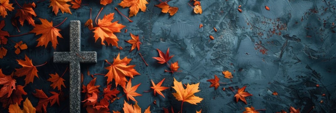 A dark cross rests on a blue background, surrounded by fallen autumn leaves. The cross symbolizes faith, hope, and the cycle of life and death. The leaves represent the beauty of nature, the changing 
