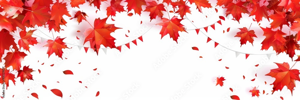 Poster a festive autumn banner with red maple leaves falling from above and a string of white flags, symbol