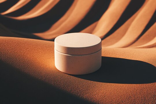 Minimalist cosmetic jar nestled in smooth sand dunes, capturing the essence of serenity and elegance in a unique setting.