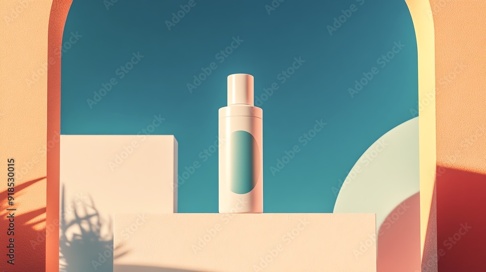 Poster modern product display showcasing a sleek bottle in a vibrant setting with geometric shapes and a cl