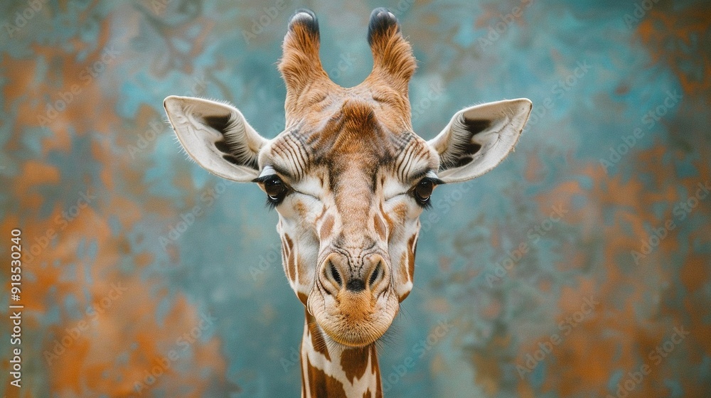 Poster a giraffe's face, captured in close-up against a rusty wall backdrop with trees in the background