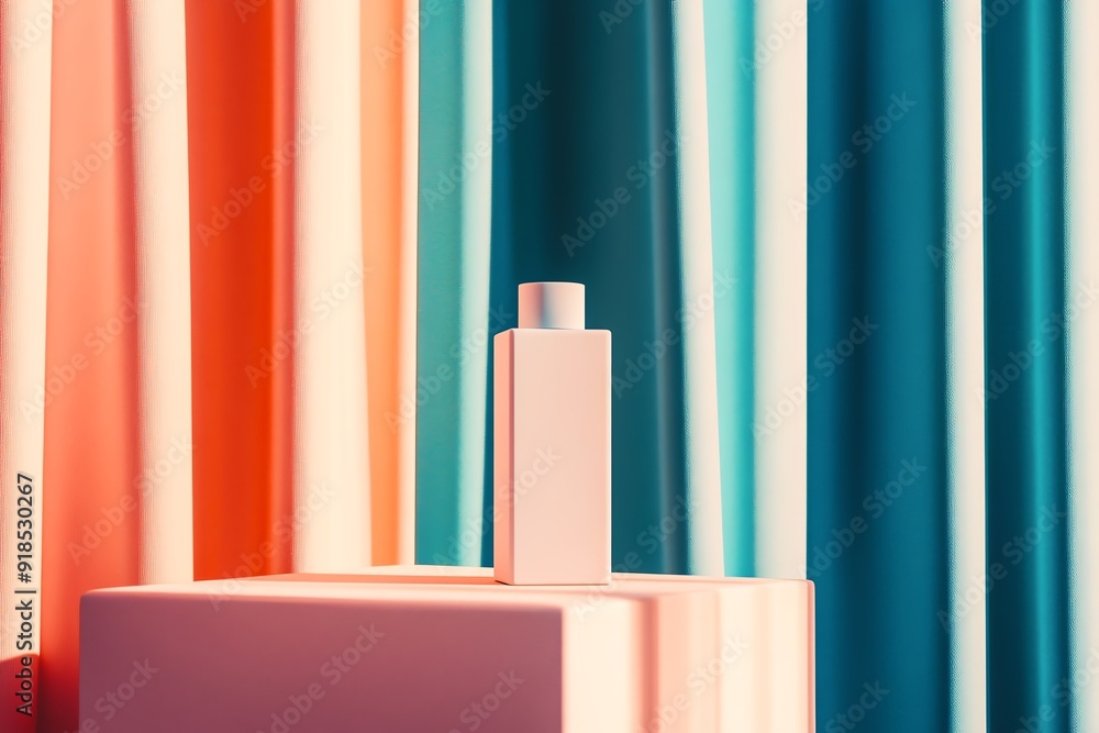 Poster stylish product display featuring minimalist design against vibrant curtain backdrop. ideal for mode
