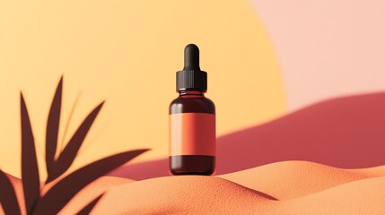 Stylish dropper bottle showcasing natural oil against a vibrant sunset backdrop, perfect for wellness and skincare themes.
