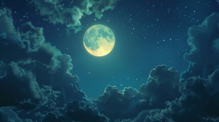 A full moon shines brightly in the night sky, surrounded by wispy clouds and twinkling stars. The image evokes a sense of peace, wonder, and the beauty of nature.