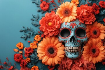 Day of the Dead, el Dia de los Muertos Celebration, Sugar Skull and Flowers Background, with copy space, AI Generated