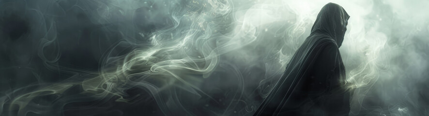 A hooded figure stands in a swirling cloud of smoke and fog, symbolizing mystery, obscurity, the unknown, secrecy, and concealment.