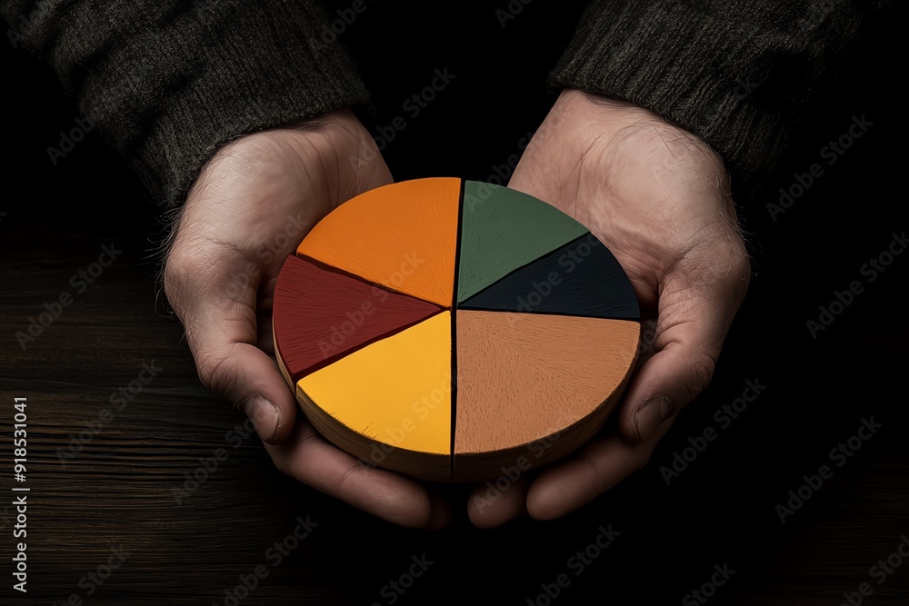 Poster closeup of hands holding a report with a pie chart illustrating diversification across emerging and 