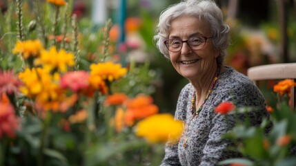 Eldery senior woman relaxing in garden with flowers background