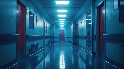 Fototapeta premium A long hallway in a hospital with blue walls and a red door on the right side is a red door on the left and a red door on the right side