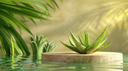 Fototapeta premium Aloe vera background for natural cosmetics. Aloe vera plant and podium in water for design.