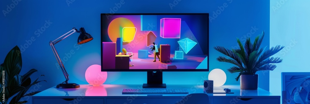 Poster a modern workspace with a computer monitor displaying vibrant geometric shapes, illuminated by neon 