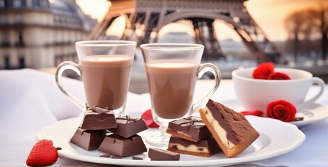 Romantic breakfast with hot chocolate and chocolate pastry overlooking eiffel tower