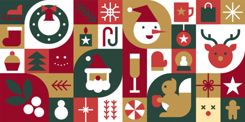 Christmas Geometric Bauhaus Background in Mosaic Block Style with Seamless Pattern