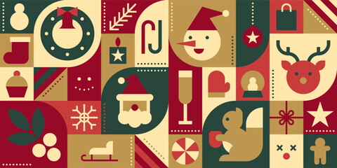 Christmas Geometric Bauhaus Background in Mosaic Block Style with Seamless Pattern