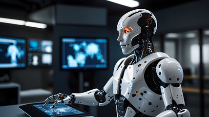 robot interacting with a virtual reality interface, with a high-tech lab setting in the background